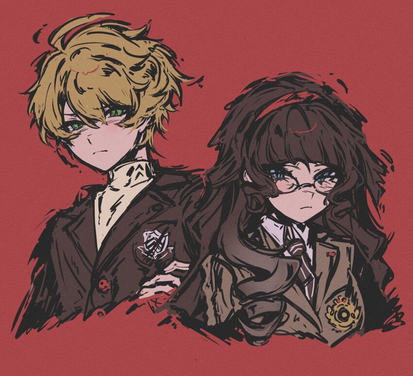 1boy, 1girl, blue_eyes, blunt_bangs, brown_hair, brown_jacket, collared_shirt, curly_hair