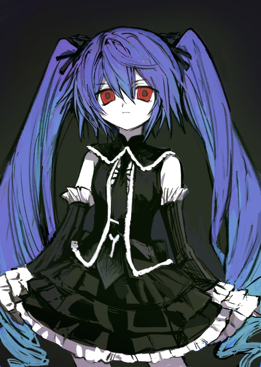 1girl, absurdres, black_background, black_dress, black_ribbon, black_sleeves, blue_hair, closed_mouth