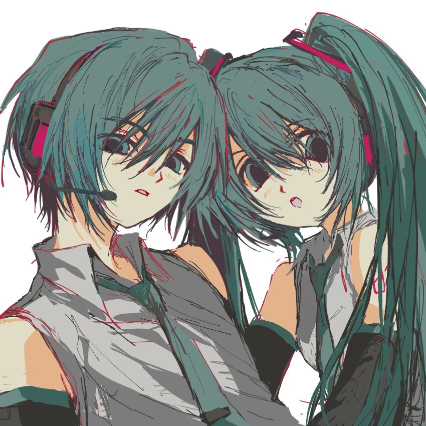 1boy, 1girl, absurdres, black_sleeves, blue_eyes, blue_hair, blue_necktie, blush