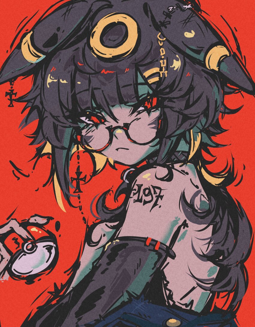 1girl, absurdres, animal_ears, arm_tattoo, bare_shoulders, black_hair, cross, dark-skinned_female