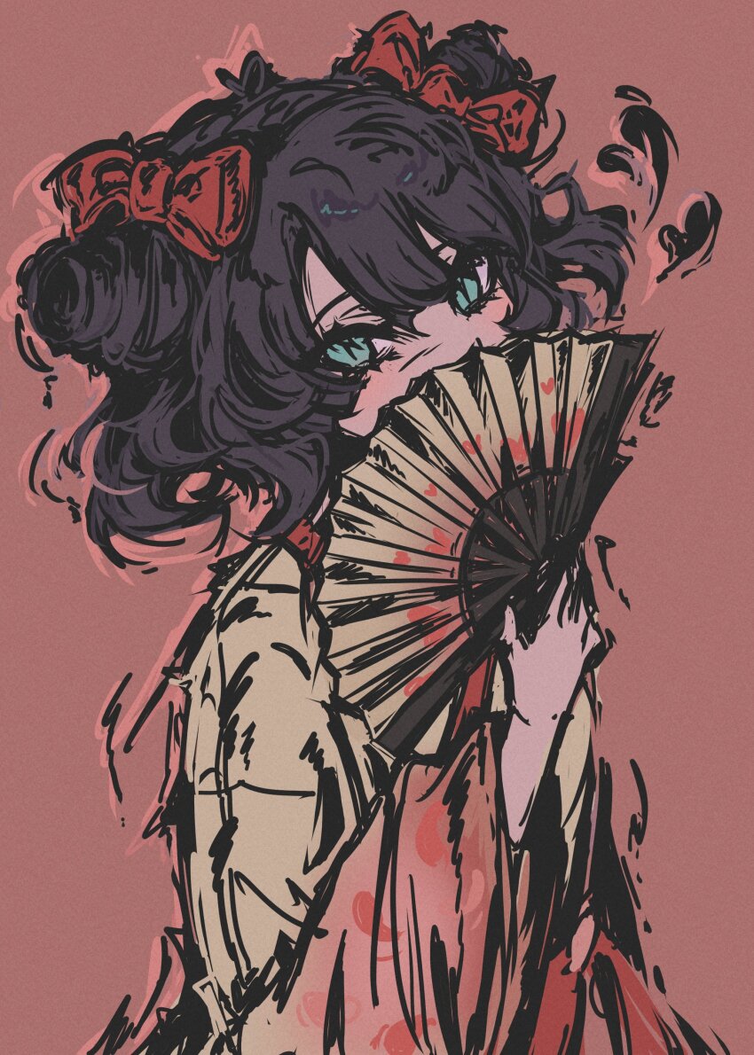 1girl, absurdres, ahoge, black_hair, bow, double_bun, grey_eyes, hair_bow