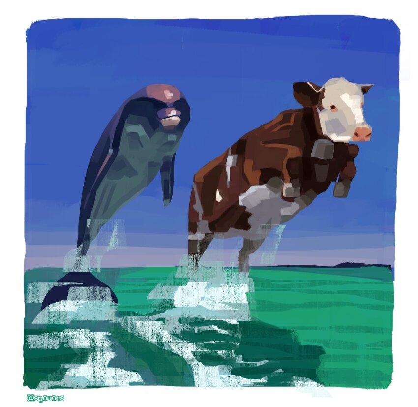 animal, animal_focus, blue_sky, border, commentary, cow, dolphin, english_commentary, full_body, horizon, jumping, meme, no_humans, no_lineart, ocean, original, outdoors, sky, spouons, surreal, twitter_username, water, white_border