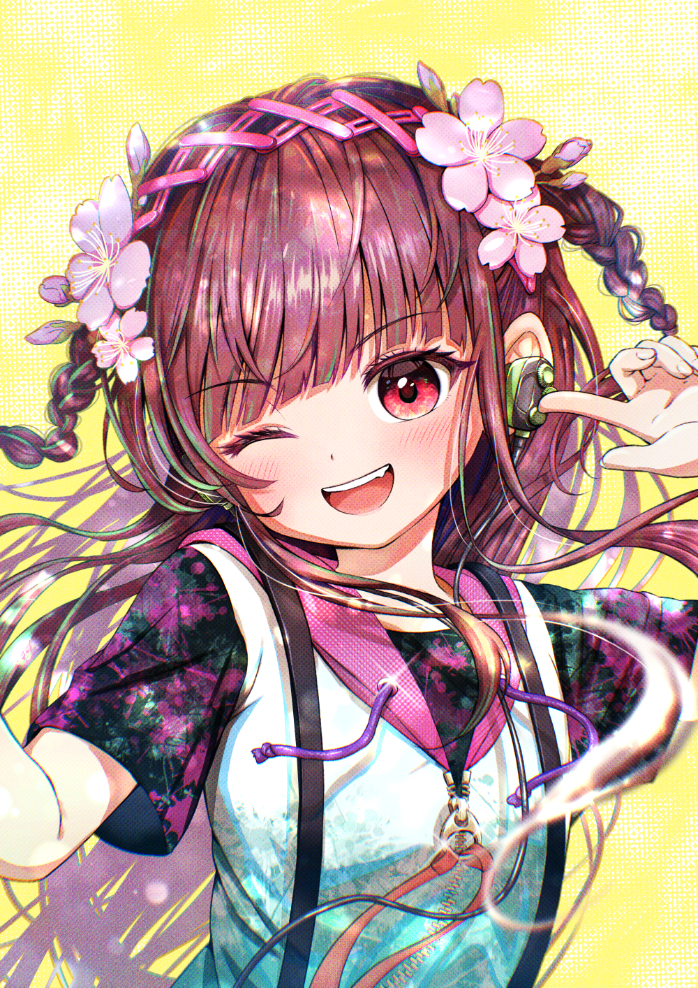 1girl, black_shirt, blue_hair, blue_jacket, braid, brown_hair, cherry_blossoms, commentary_request