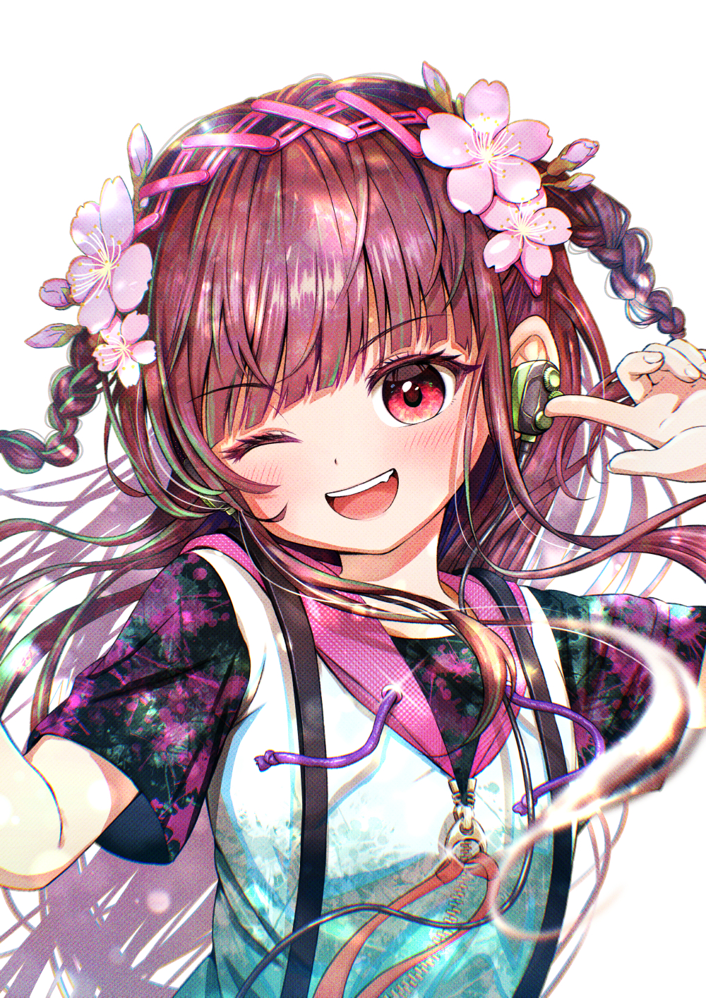 1girl, black_shirt, blue_hair, blue_jacket, braid, brown_hair, cherry_blossoms, commentary_request