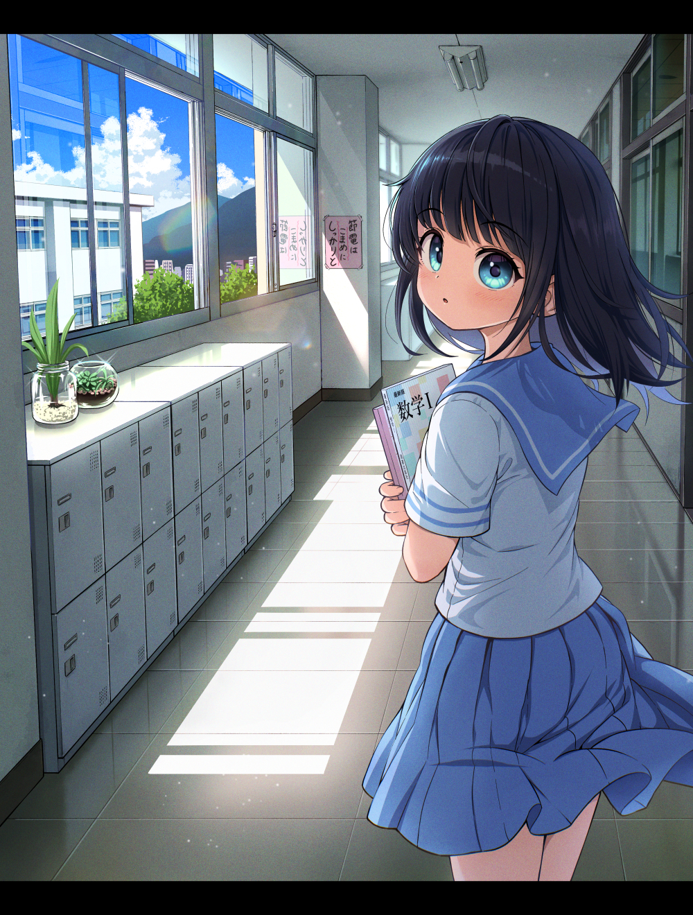 1girl, :o, blue_eyes, blue_hair, blue_sailor_collar, blue_skirt, book, commentary_request