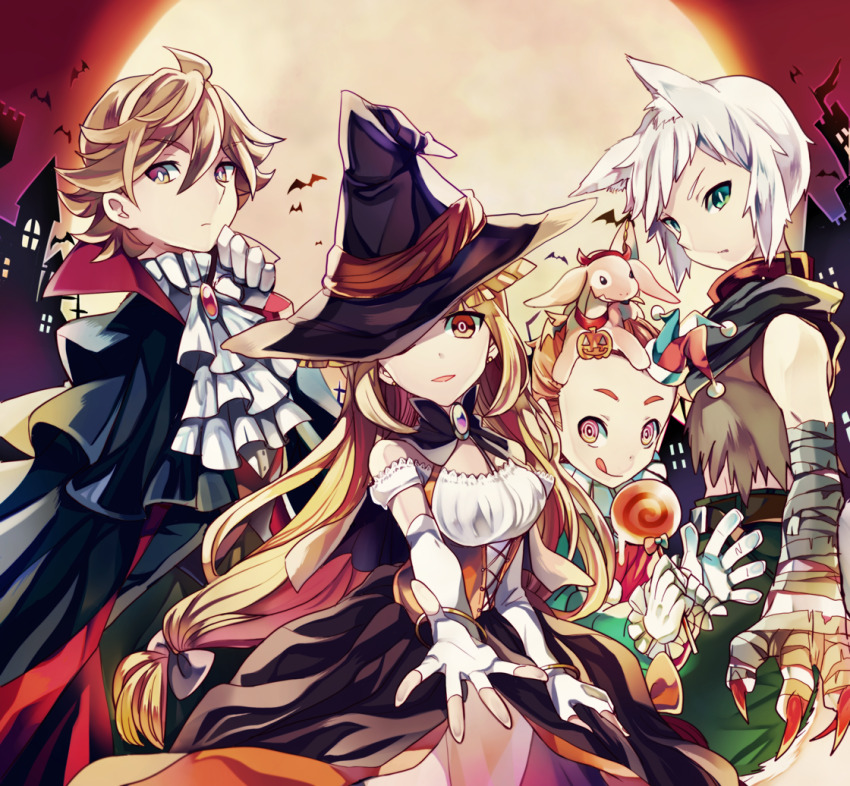 1girl, 3boys, :q, alternate_costume, alternate_hair_color, animal_ear_fluff, animal_ears, ascot