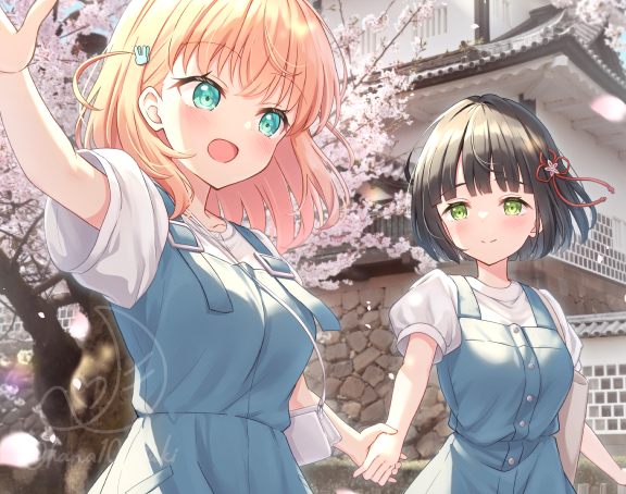 2girls, :d, arm_up, blue_dress, blush, breasts, cherry_blossoms, closed_mouth
