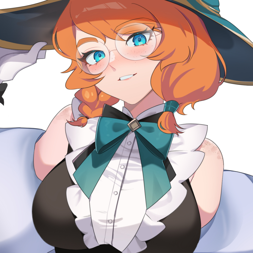 1girl, alternate_costume, animal_ears, aurora_(league_of_legends), bare_shoulders, black_bow, black_bowtie, blue_eyes, bow, bowtie, breasts, glasses, green_bow, green_bowtie, green_hat, hand_on_headwear, hat, large_breasts, league_of_legends, medium_hair, orange_hair, pelicana, rabbit_ears, round_eyewear, shirt, simple_background, smile, solo, upper_body, white_background, white_shirt, witch_hat