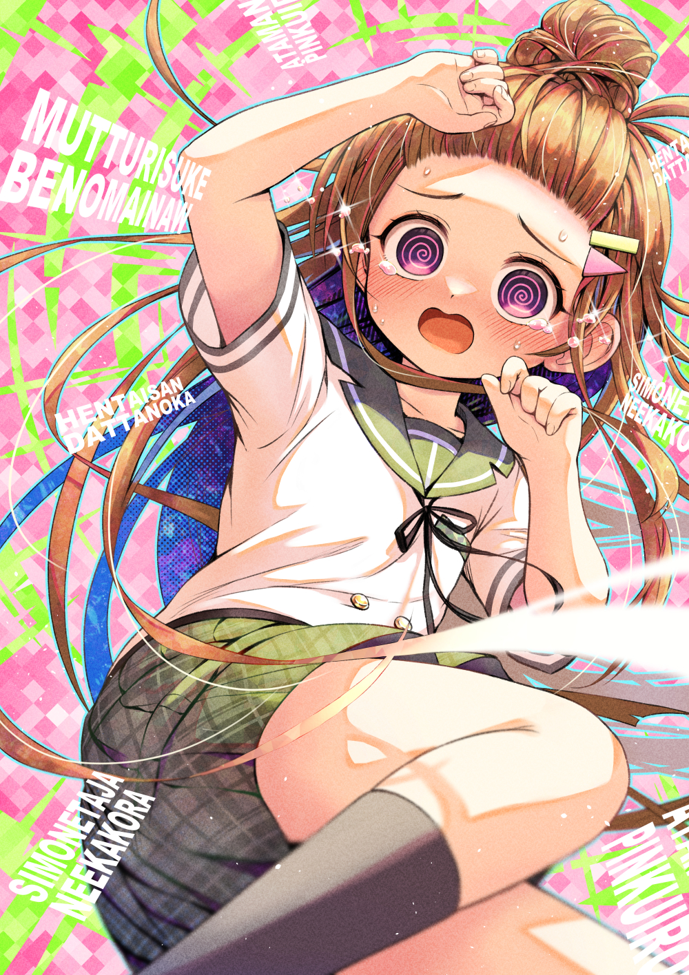 1girl, @_@, bangs_pinned_back, black_ribbon, blue_outline, brown_hair, colored_inner_hair, commentary_request