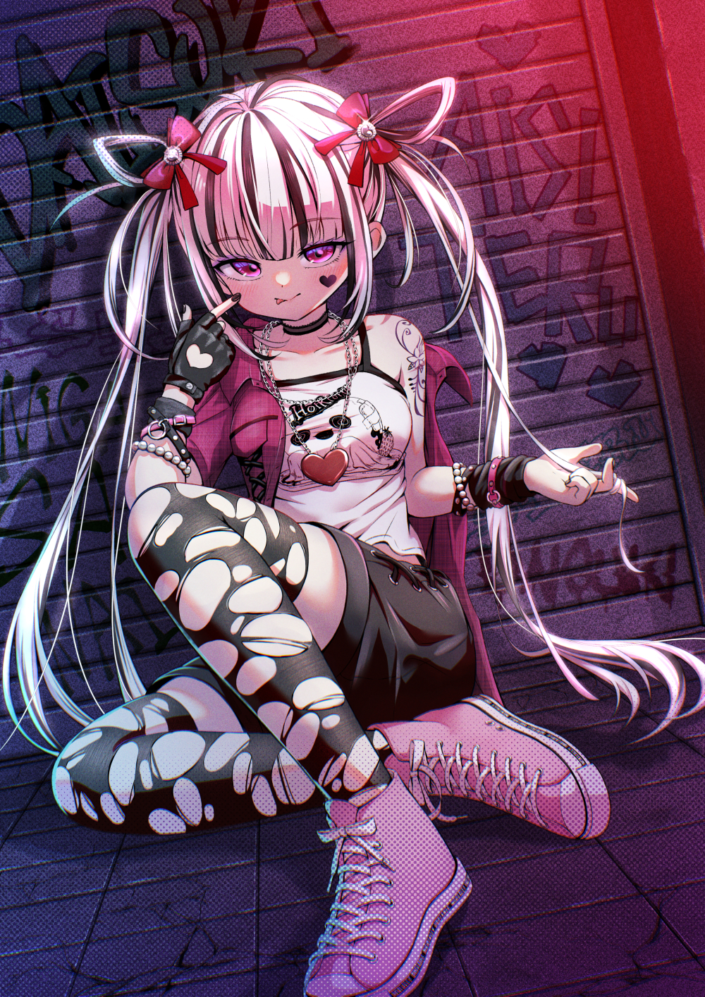 1girl, :p, arm_out_of_sleeve, bead_bracelet, beads, black_choker, black_gloves, black_hair