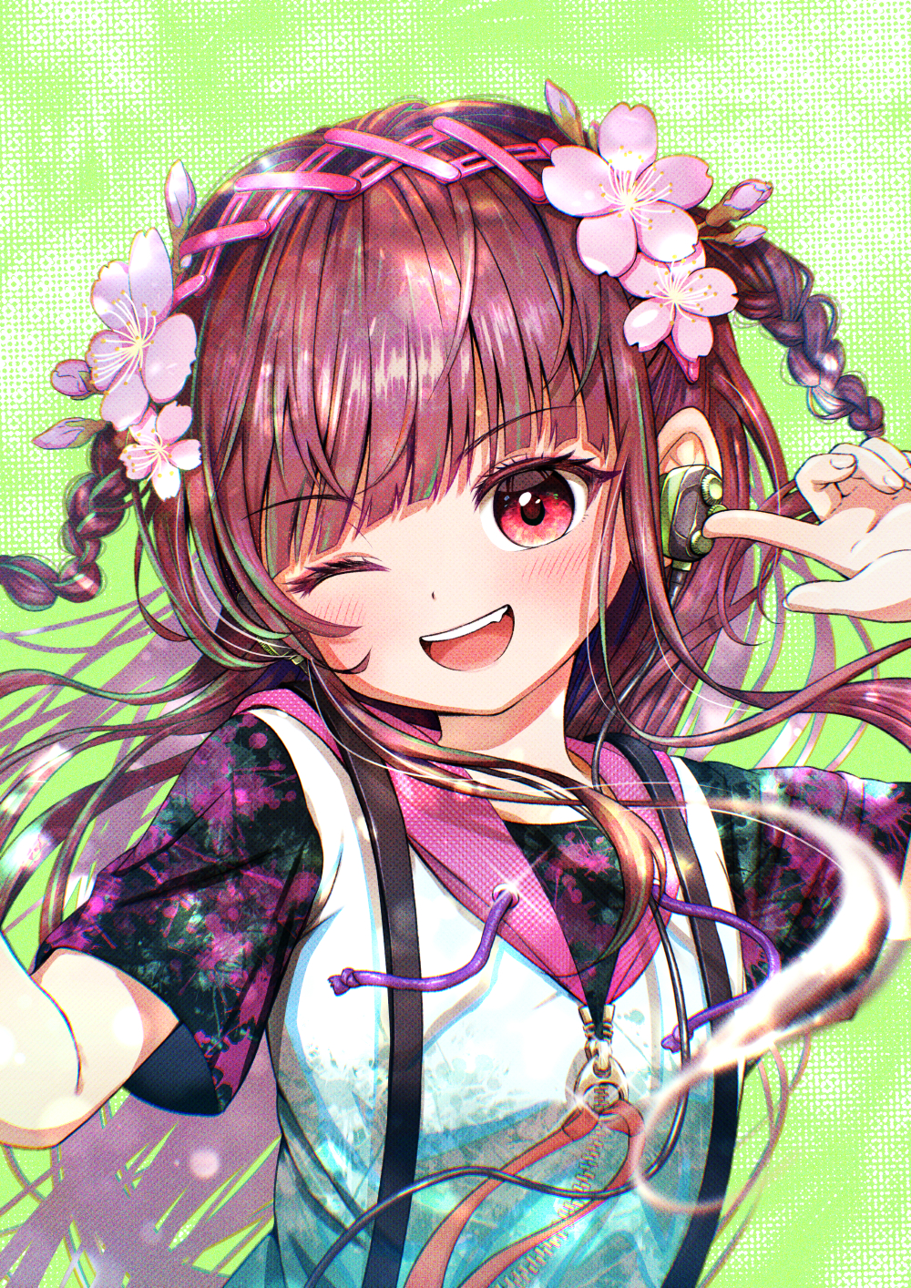 1girl, black_shirt, blue_hair, blue_jacket, braid, brown_hair, cherry_blossoms, commentary_request