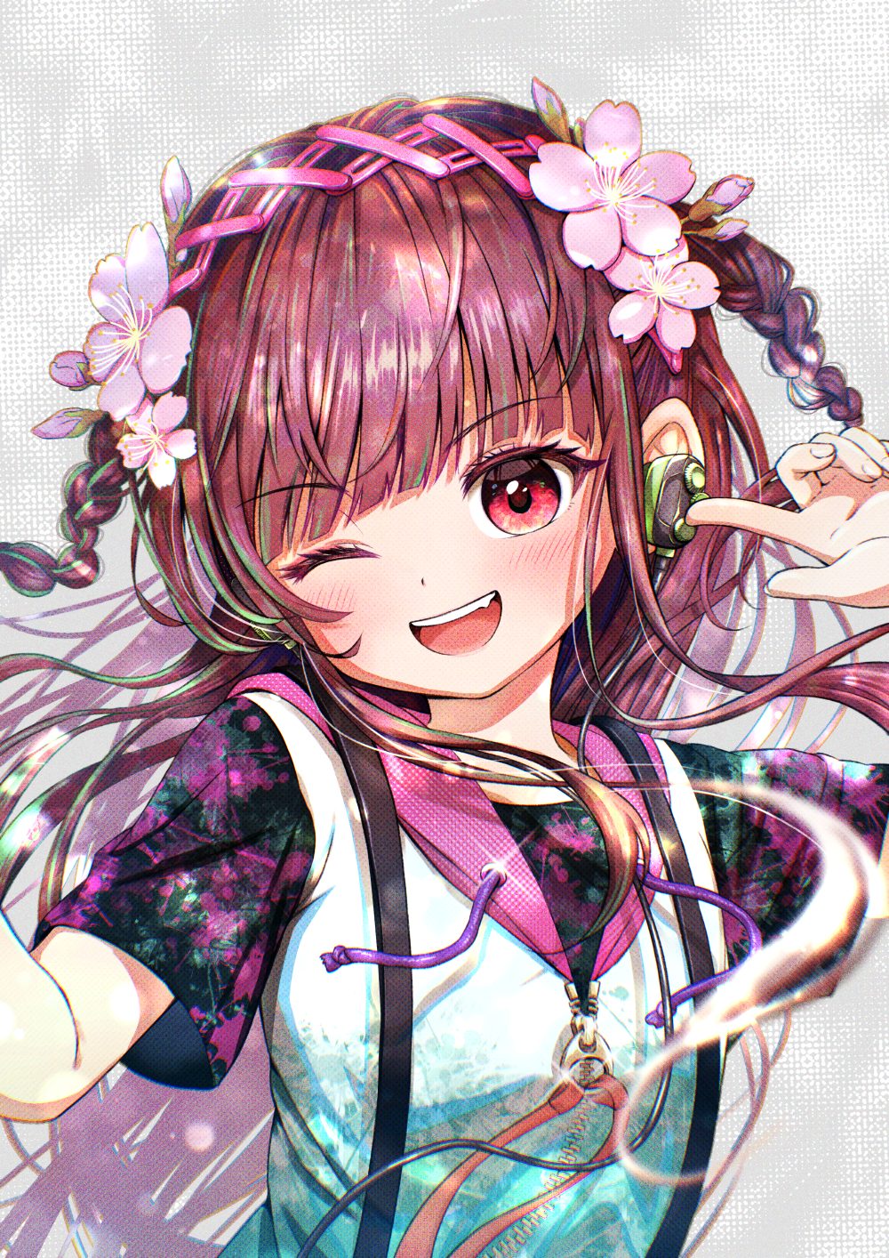 1girl, black_shirt, blue_hair, blue_jacket, braid, brown_hair, cherry_blossoms, commentary_request