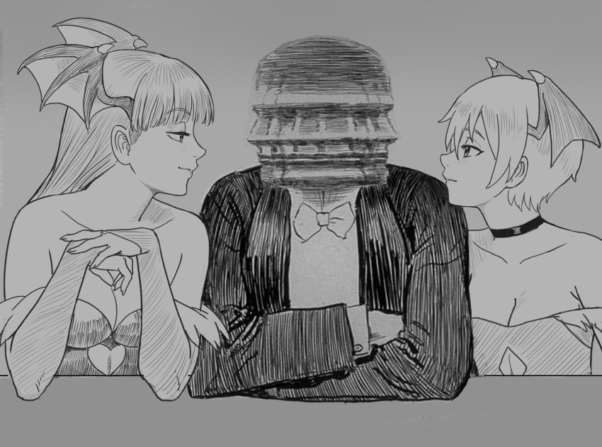 1boy, 2girls, bare_shoulders, breasts, darkstalkers, demon_wings, greyscale, head_wings