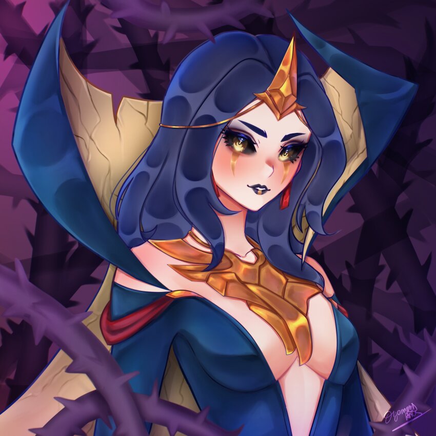 1girl, artist_name, black_dress, black_hair, black_lips, black_sclera, breasts, cleavage, collarbone, colored_sclera, dress, dyamondarts, hair_ornament, highres, large_breasts, league_of_legends, leblanc_(league_of_legends), long_hair, parted_bangs, smile, solo, teeth, thorns, upper_body, yellow_eyes