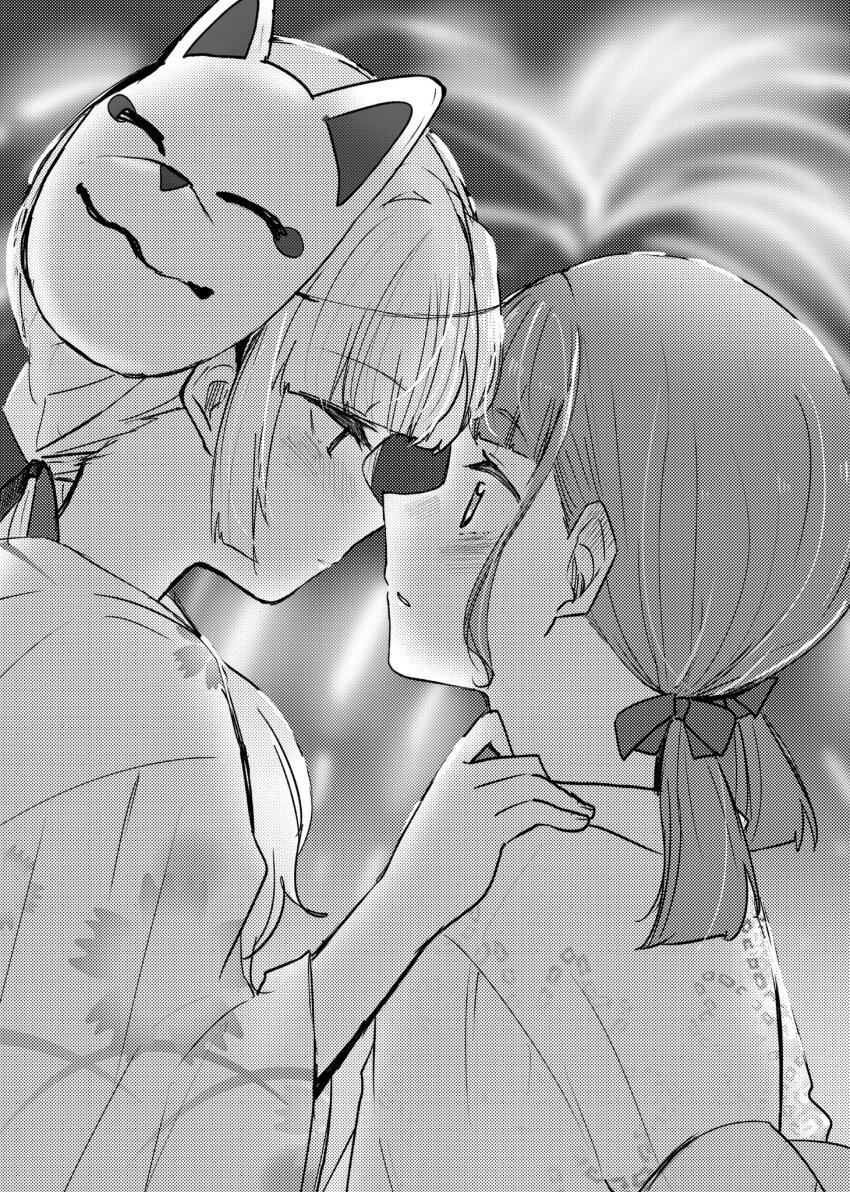 2girls, aerial_fireworks, anyoji_hime, blunt_bangs, blurry, blurry_background, blush, bow