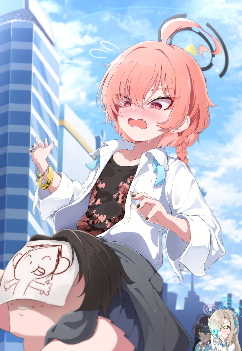 1boy, 3girls, 5s0n9, absurdres, ahoge, asuna_(blue_archive), asuna_(school_uniform)_(blue_archive), black_halo