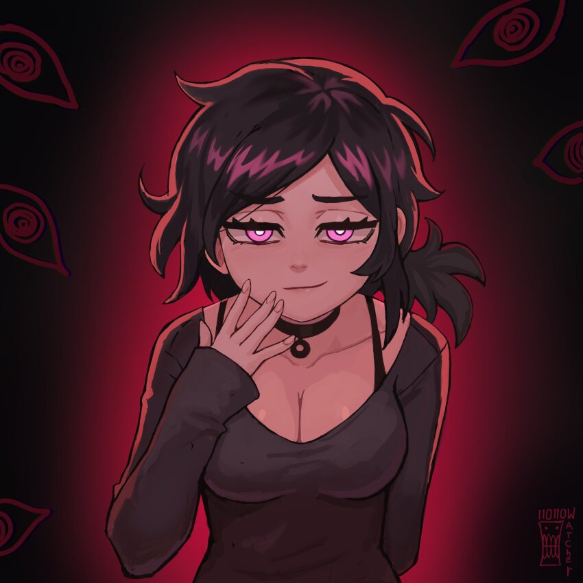 1girl, absurdres, arm_behind_back, ashley_graves, black_choker, black_hair, bra_strap, breasts