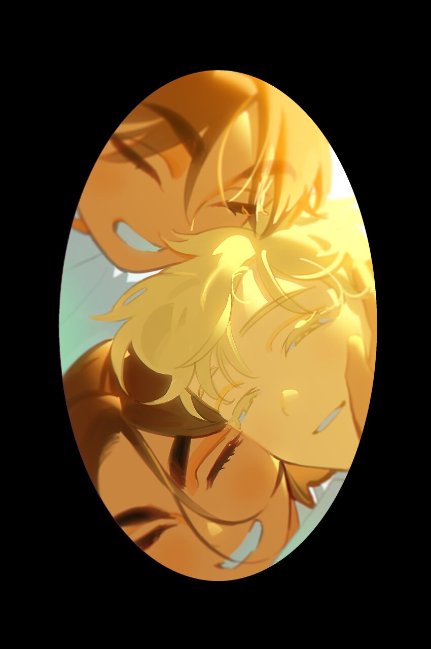 1girl, 2boys, absurdres, alien_stage, black_background, blonde_hair, brown_hair, closed_eyes