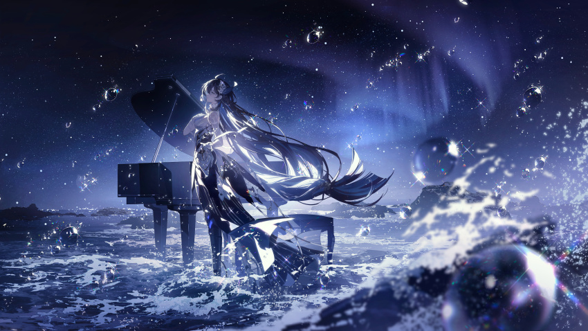 1girl, absurdres, black_hair, blue_hair, commentary_request, from_side, grand_piano, hair_ornament