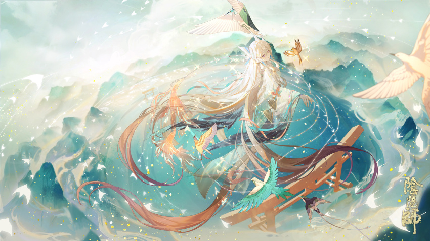 absurdres, barefoot, bird, blonde_hair, brown_hair, commentary_request, copyright_name, floating