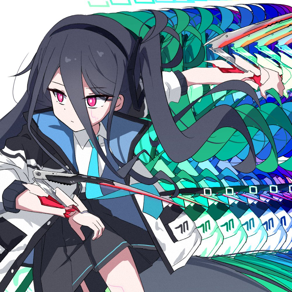 1girl, absurdly_long_hair, afterimage, aqua_halo, arm_blade, black_hair, black_hairband, blue_archive