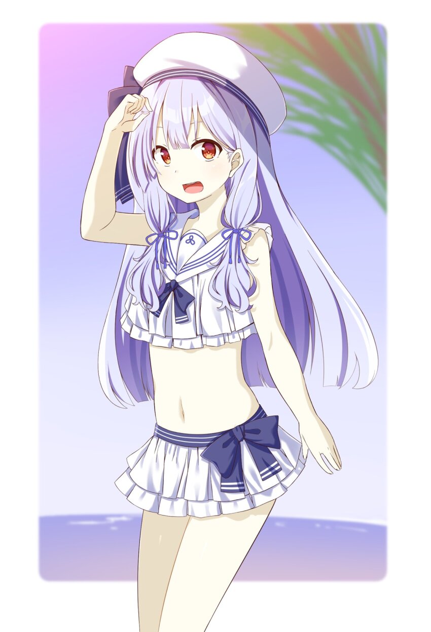 1girl, :d, alternate_costume, alternate_hairstyle, beach, bikini, bikini_skirt, blue_hair