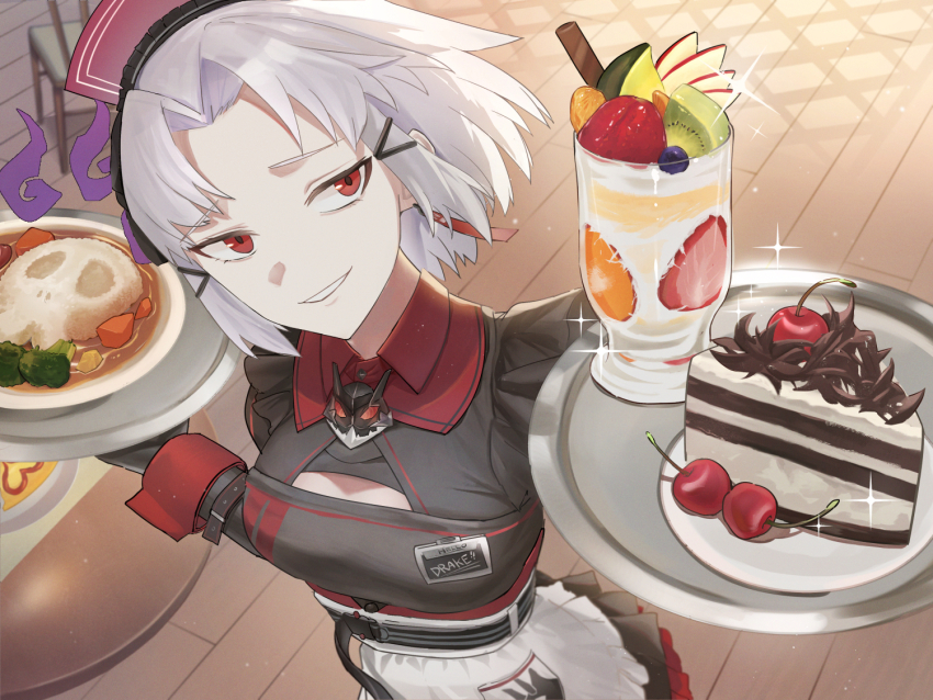 1girl, apron, black_dress, black_forest_cake, black_gloves, bow, breasts, cake