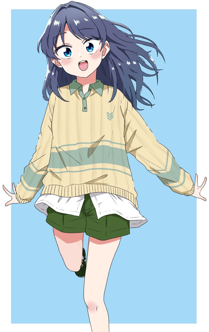 1girl, :d, absurdres, black_shoes, blue_background, blue_eyes, blue_hair, border