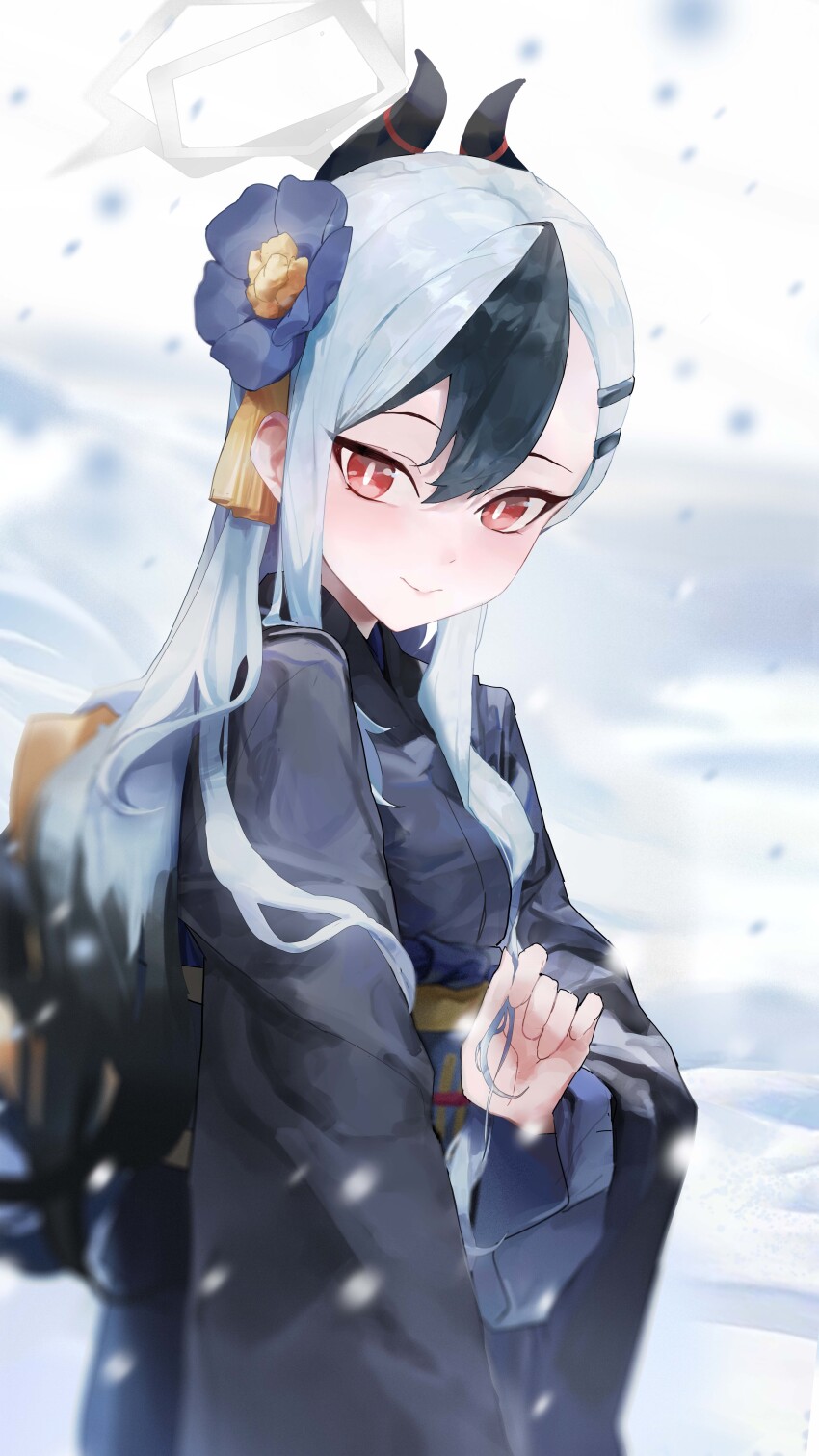 1girl, absurdres, black_kimono, blue_archive, blush, closed_mouth, demon_girl, demon_horns