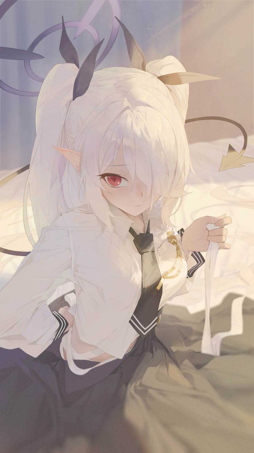 1girl, absurdres, bandages, black_necktie, black_ribbon, black_skirt, blue_archive, closed_mouth