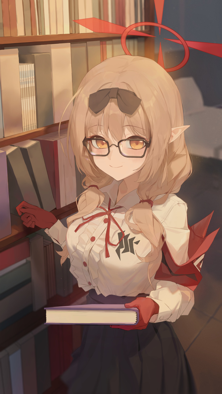 1girl, absurdres, black_bow, black_skirt, blue_archive, book, bow, brown_hair