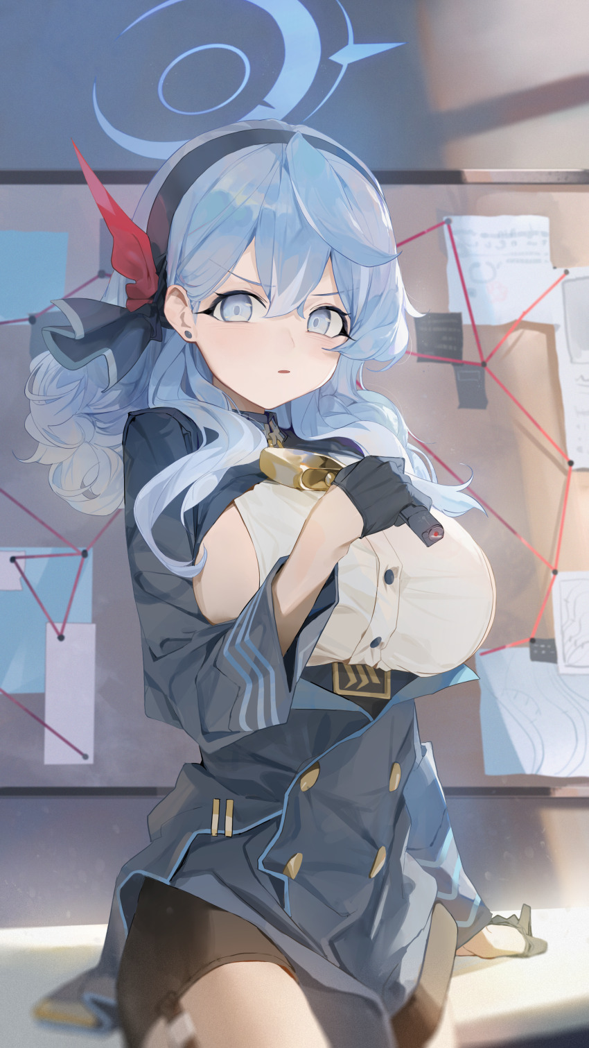 1girl, absurdres, ako_(blue_archive), bell, black_gloves, black_hairband, black_skirt, blue_archive