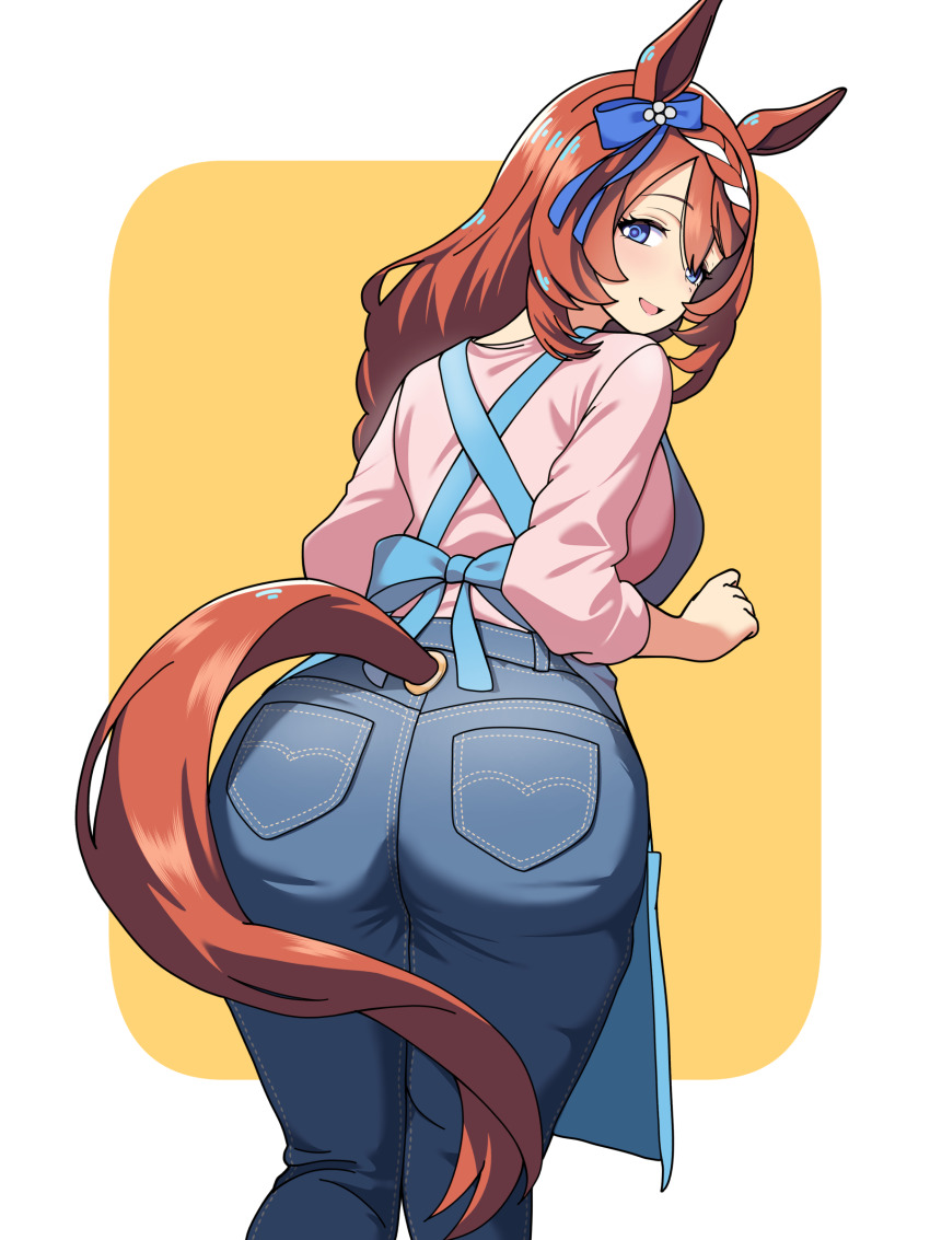 :d, absurdres, animal_ears, apron, ass, blue_apron, blue_eyes, blue_pants, blue_ribbon, braid, breasts, brown_hair, clenched_hand, denim, from_behind, hair_ribbon, highres, horse_ears, horse_girl, horse_tail, jeans, kaname_aizuki, large_breasts, legs_together, long_hair, long_sleeves, looking_back, low-braided_long_hair, low-tied_long_hair, open_mouth, pants, pink_shirt, ribbon, shirt, simple_background, smile, standing, straight_hair, super_creek_(umamusume), tail, tareme, umamusume, white_background, yellow_background
