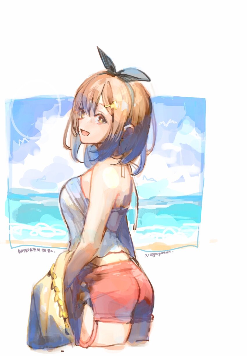 1girl, ass, atelier_(series), atelier_ryza, bare_shoulders, beach, black_hairband, border