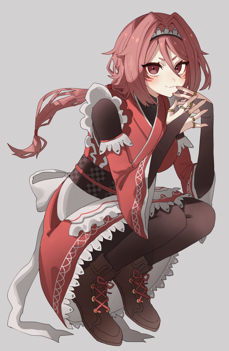 1girl, :3, black_leggings, black_sash, bridal_gauntlets, facial_mark, full_body, grey_background