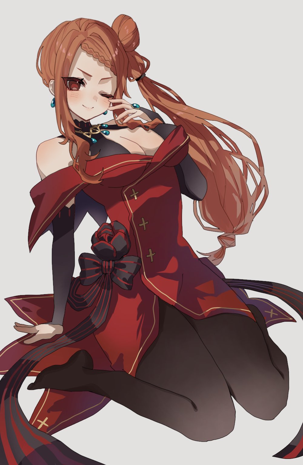 1girl, bare_shoulders, black_bridal_gauntlets, blue_gem, braid, braided_bangs, breasts, bridal_gauntlets