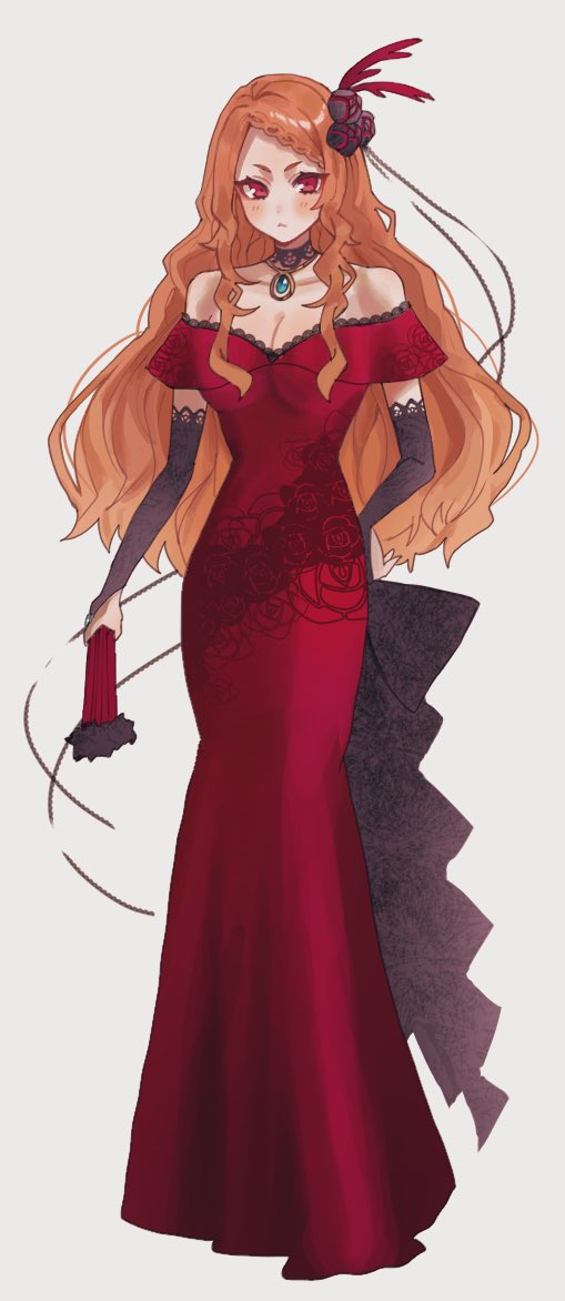 1girl, alternate_costume, bare_shoulders, black_bridal_gauntlets, black_flower, black_rose, braid, braided_bangs