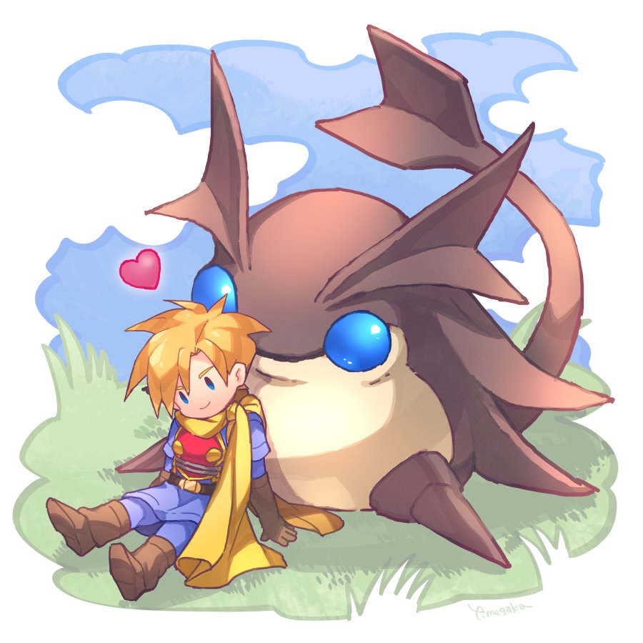 1boy, blonde_hair, blue_eyes, blue_tunic, boots, brown_boots, brown_gloves, djinn_(golden_sun)