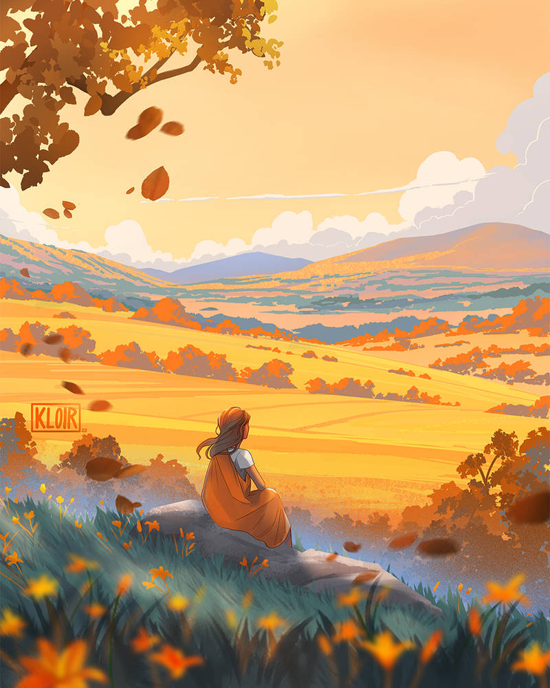 1girl, autumn, autumn_leaves, cloud, commentary, day, english_commentary, facing_away