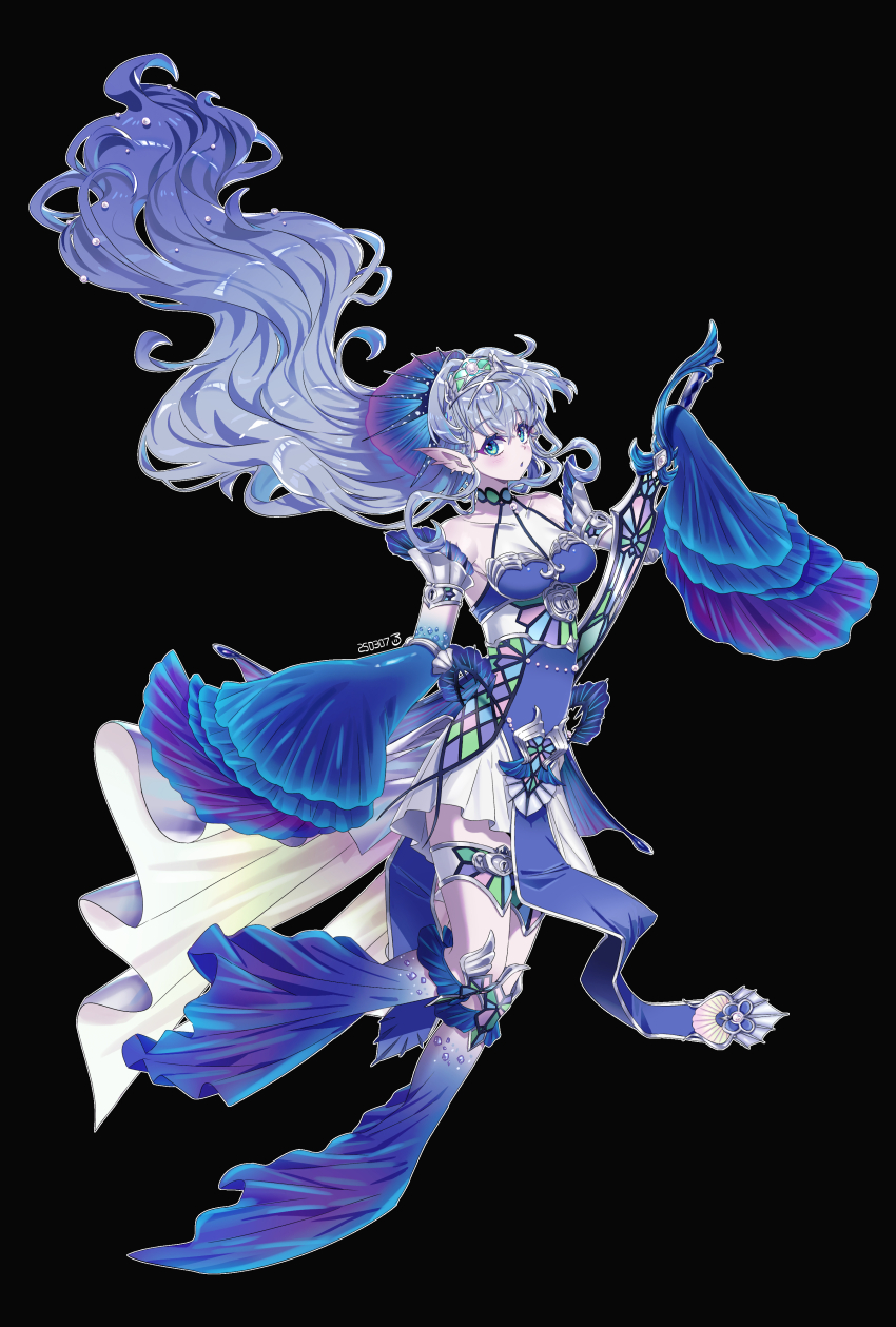 1girl, absurdres, arm_fins, bare_shoulders, black_background, blue_dress, blue_eyes, blush