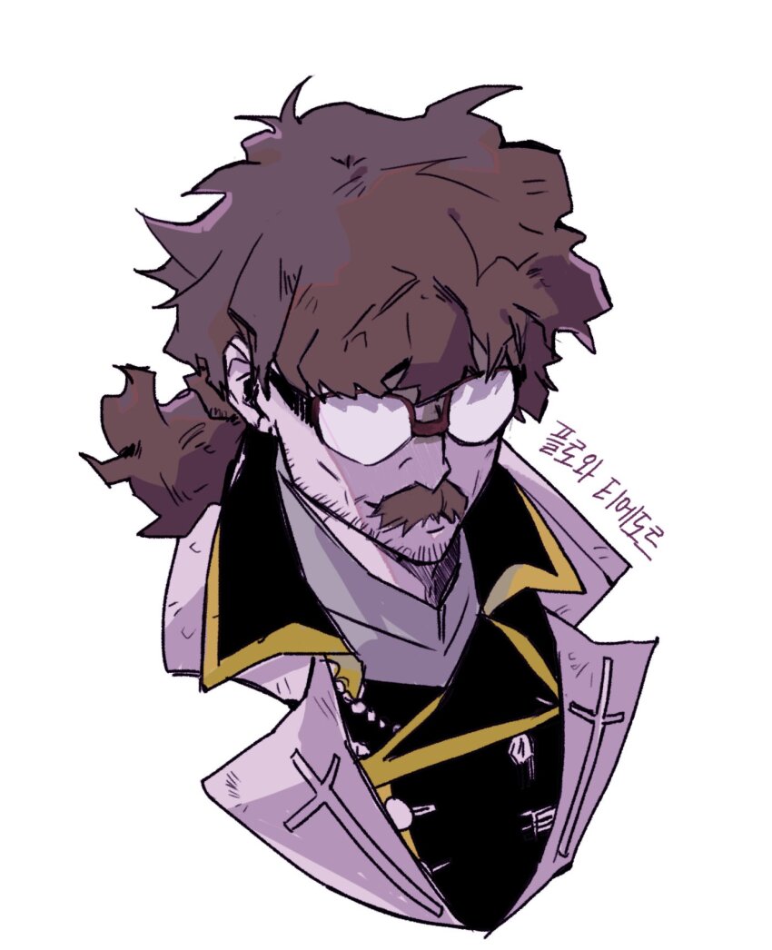 1boy, black_coat, black_order_uniform, brown_facial_hair, brown_hair, coat, collared_coat, cross