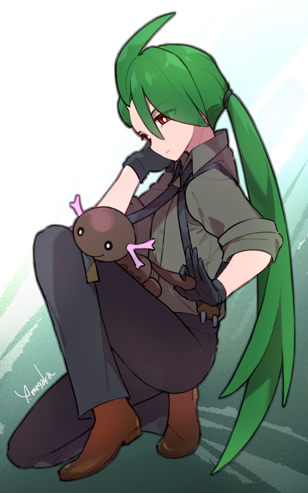 1girl, black_eyes, black_pants, brown_shoes, green_hair, grey_shirt, knees, long_hair, megaka_yui, nintendo, overalls, paldean_wooper, pants, pokemon, pokemon_scarlet_and_violet, ponytail, red_eyes, rika_(pokemon), shirt, shoes, signature