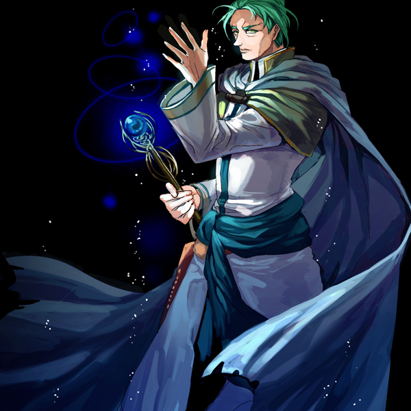 1boy, blue_eyes, fire_emblem, fire_emblem:_the_blazing_blade, green_eyes, green_hair, holding, holding_staff