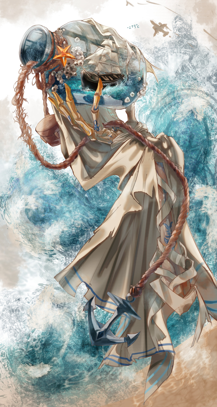 absurdres, anchor, barnacle, bottle_stopper, brown_background, commission, glass_bottle, highres