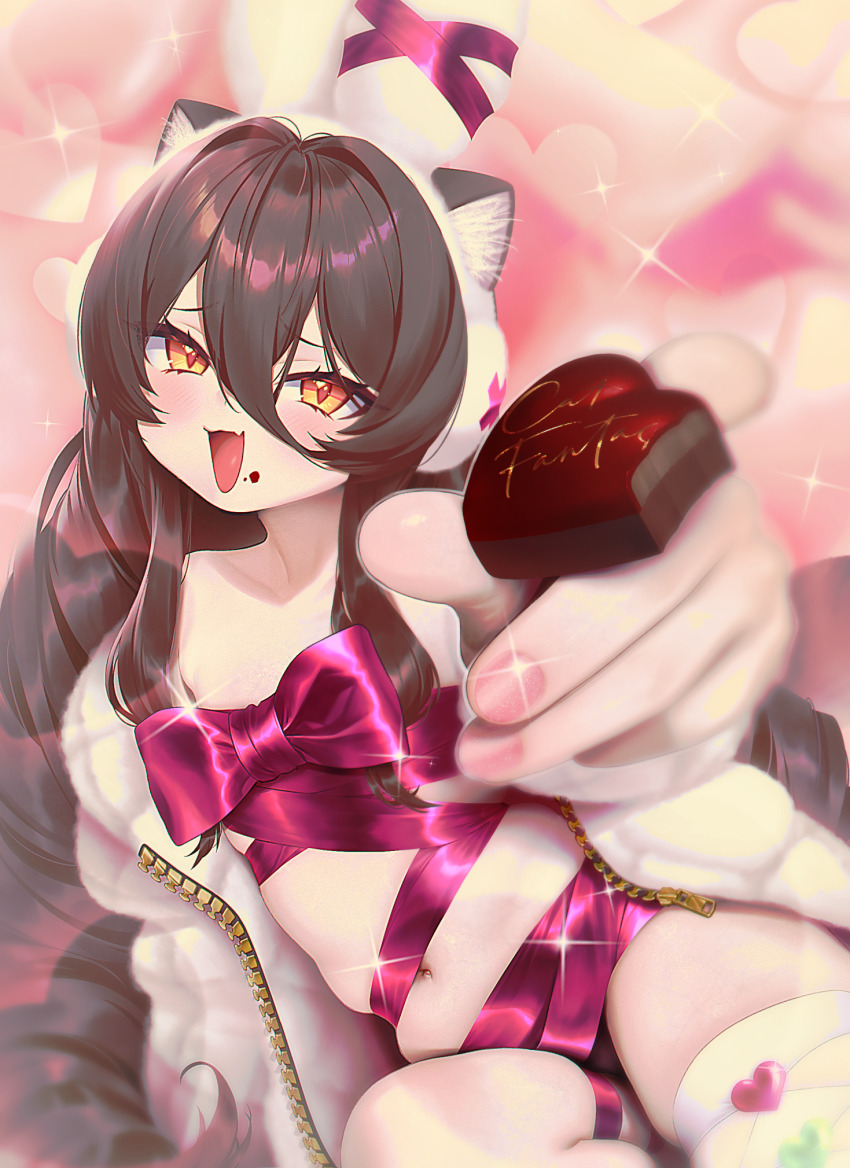 1girl, :d, animal_ears, black_hair, blush, cat_ears, cat_fantasy, chocolate