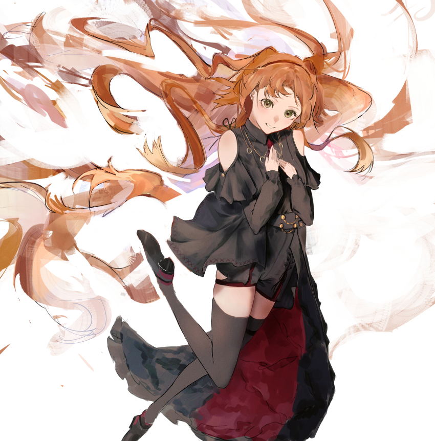 1girl, alternate_costume, amamiyadagashi, bare_shoulders, black_shirt, black_shoes, black_shorts, black_thighhighs