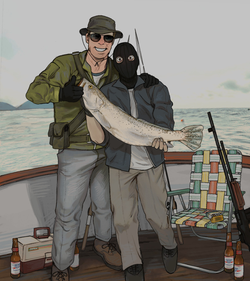 2boys, alcohol, animal, assault_rifle, balaclava, bell_(call_of_duty), black_gloves, black_mask, blue_jacket, bucket_hat, call_of_duty, call_of_duty:_black_ops_cold_war, chair, cigarette, cigarette_pack, dress_shoes, fingerless_gloves, fish, fishing, fishing_rod, glass_bottle, gloves, green_gloves, green_jacket, gun, hat, highres, holding, holding_animal, holding_fish, jacket, multiple_boys, rifle, russell_adler, sleeves_rolled_up, sunglasses, waxxed_doghouse, weapon