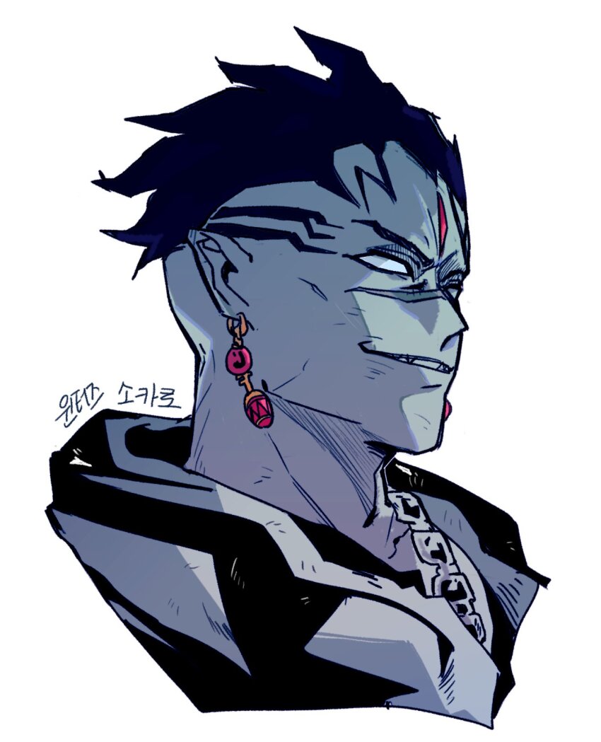 1boy, black_coat, black_hair, black_order_uniform, blank_eyes, chain, chain_necklace, coat, colored_skin, d.gray-man, earrings, facial_mark, facial_tattoo, floating_earrings, forehead_tattoo, grey_skin, grin, head_tattoo, highres, hood, hood_down, hooded_coat, jewelry, looking_ahead, looking_to_the_side, male_focus, mature_male, necklace, pointy_ears, profile, puripuri0748, red_tattoo, scar, scar_on_face, sharp_teeth, short_hair, smile, solo, spiked_hair, striped_coat, tattoo, teeth, winters_socalo