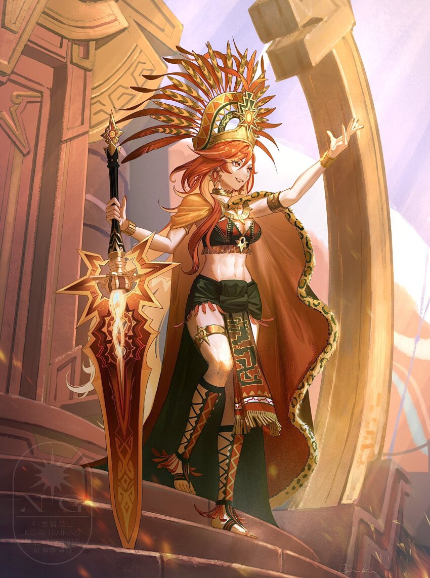 1girl, a_thousand_blazing_suns_(genshin_impact), abs, alternate_costume, arm_up, armlet, bracer, breasts