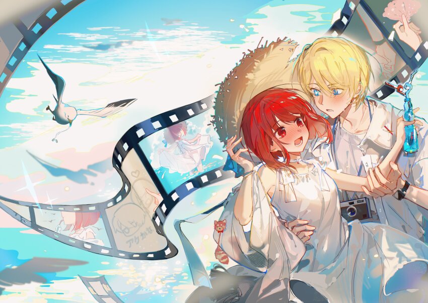 1boy, 1girl, absurdres, arima_kana, arm_around_another's_waist, bare_shoulders, bird, blonde_hair, blue_eyes, blush, bottle, camera, camera_around_neck, choker, collared_jacket, commentary_request, crazy_straw, dress, drinking, drinking_straw, eye_contact, film_reel, film_strip, hair_between_eyes, hand_on_another's_arm, hands_up, hat, heart_straw, hetero, highres, holding, holding_bottle, holding_hands, hoshino_aquamarine, humi_humi, jacket, jewelry, looking_at_another, lower_teeth_only, necklace, open_clothes, open_jacket, open_mouth, oshi_no_ko, parted_lips, red_eyes, red_hair, seagull, shirt, short_hair, sleeveless, sleeveless_dress, star-shaped_pupils, star_(symbol), star_in_eye, straw_hat, symbol-shaped_pupils, symbol_in_eye, teeth, translation_request, wading, watch, water, white_choker, white_dress, white_jacket, white_shirt, wristwatch
